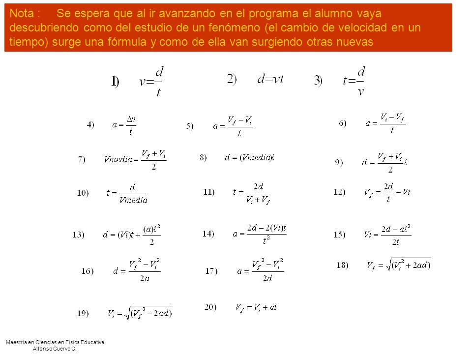 Nota : Se espera que al ir avanzando en el programa el alumno vaya descubriendo como del estudio de un fenómeno (el cambio de velocidad en un tiempo) surge una fórmula y como de ella van surgiendo otras nuevas