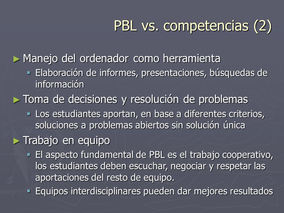 PBL vs. competencias (2) Manejo del ordenador como herramienta
