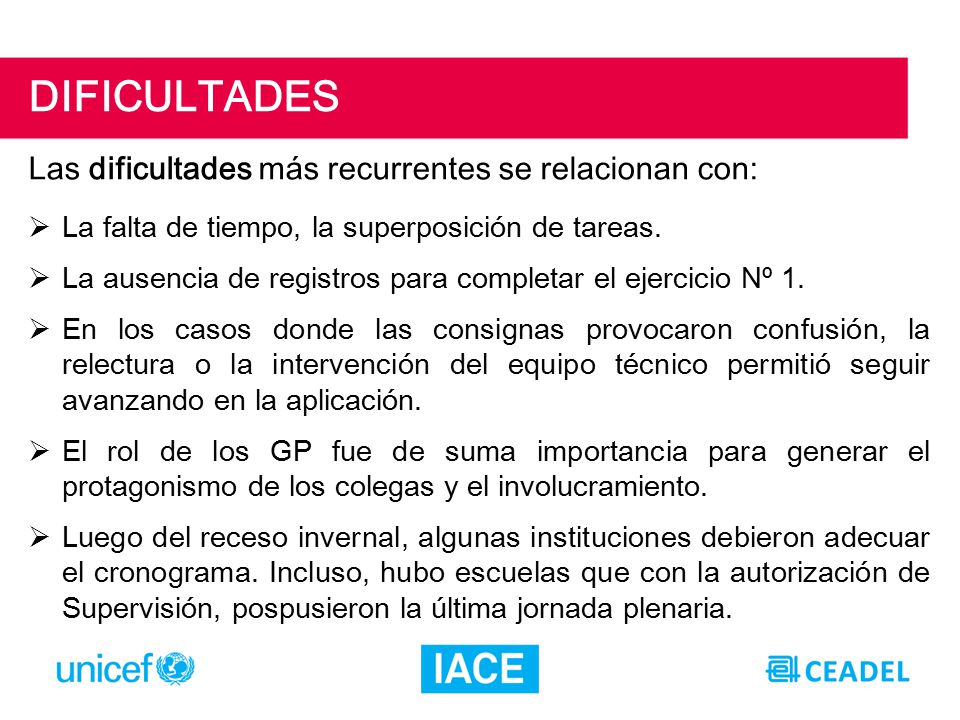 DIFICULTADES Las dificultades más recurrentes se relacionan con: La falta de tiempo, la superposición de tareas.