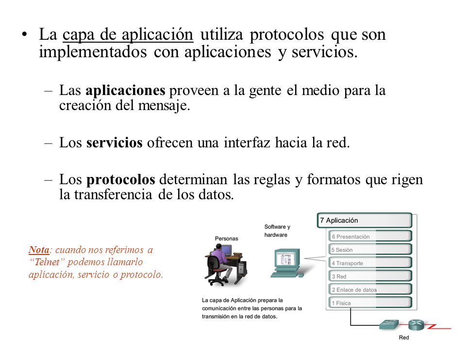La capa de aplicación utiliza protocolos que son implementados con aplicaciones y servicios.