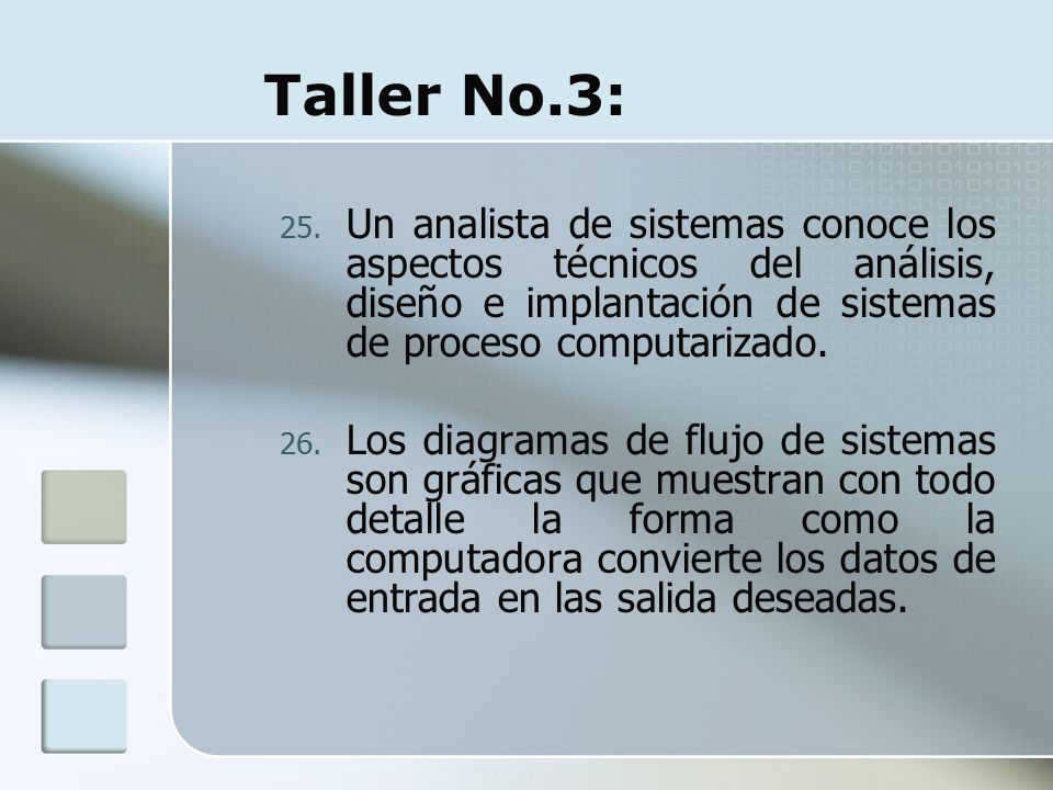 Taller No.3: Un analista de sistemas conoce los aspectos técnicos del análisis, diseño e implantación de sistemas de proceso computarizado.