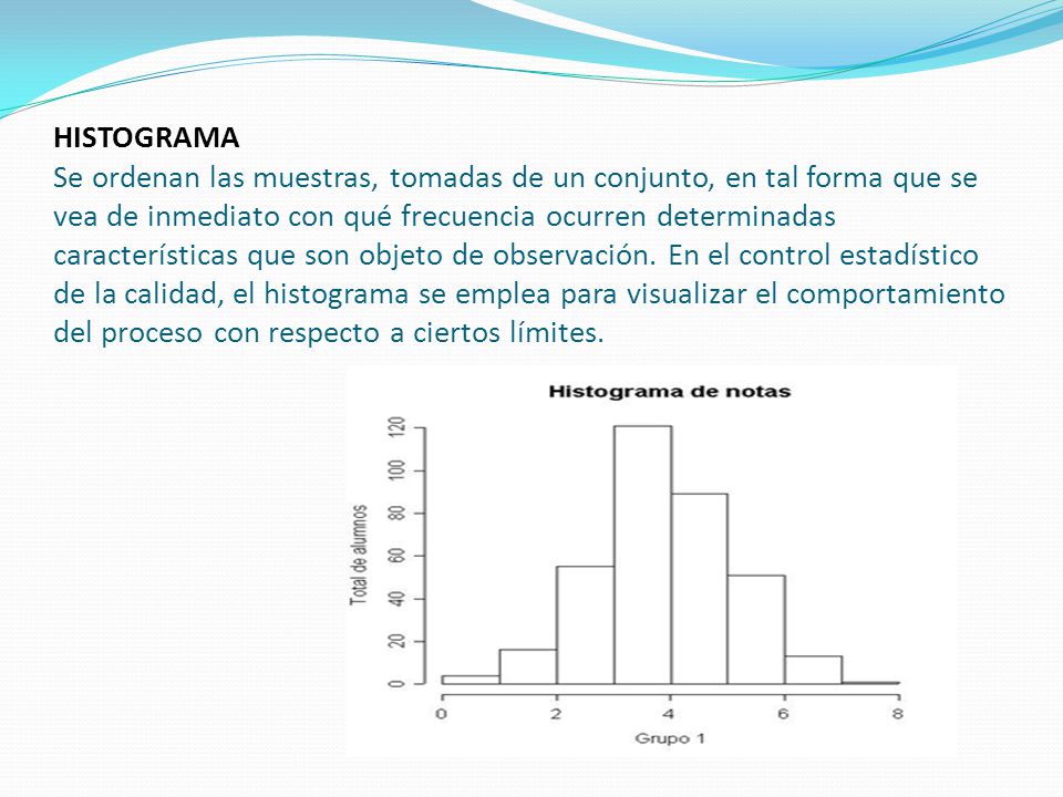 HISTOGRAMA Se ordenan las muestras, tomadas de un conjunto, en tal forma que se vea de inmediato con qué frecuencia ocurren determinadas características que son objeto de observación.
