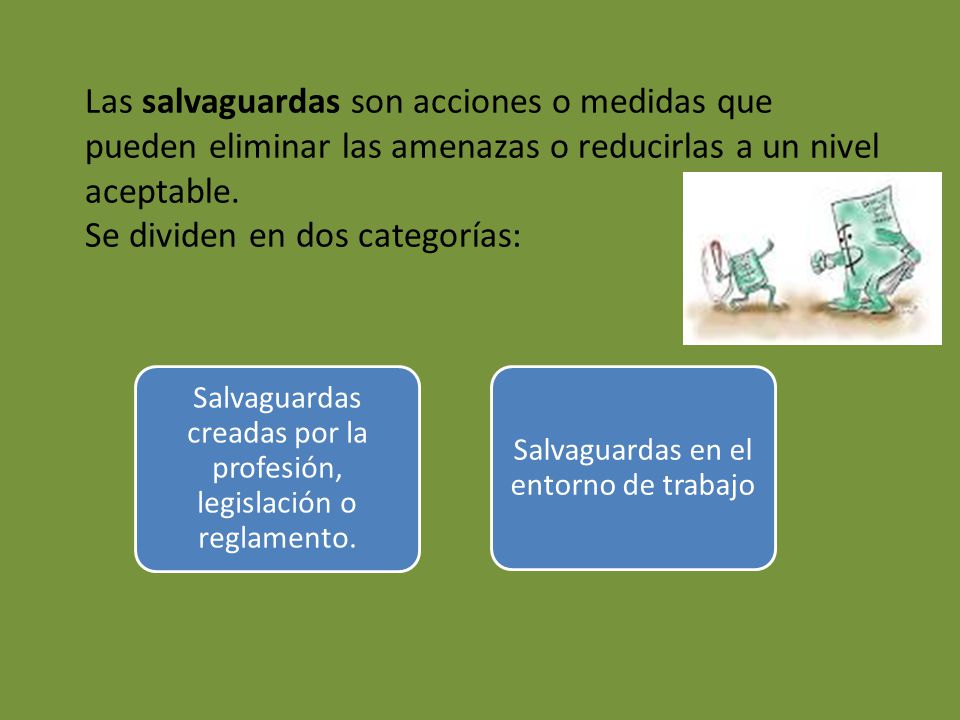 Las salvaguardas son acciones o medidas que pueden eliminar las amenazas o reducirlas a un nivel aceptable. Se dividen en dos categorías: