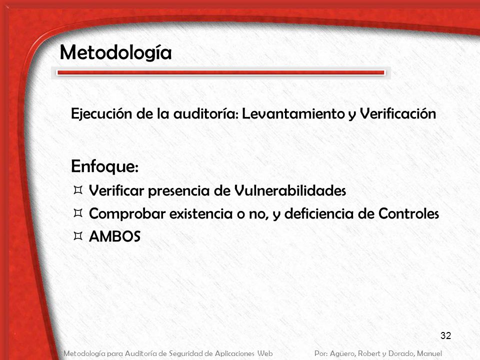 Metodología Ejecución de la auditoría: Levantamiento y Verificación. Enfoque: Verificar presencia de Vulnerabilidades.