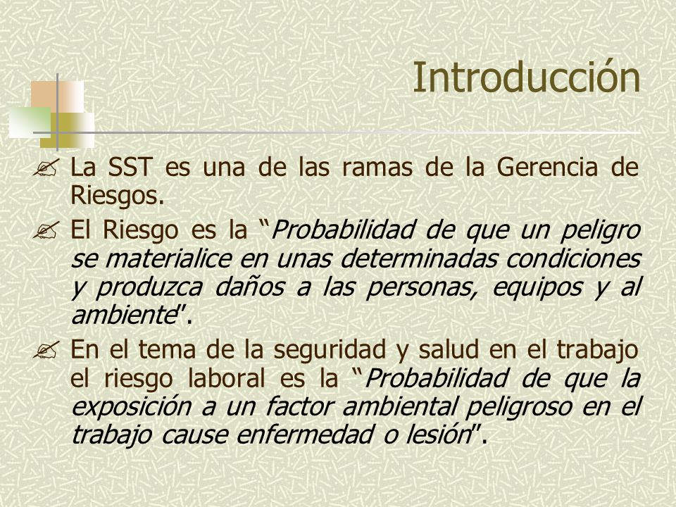 Introducción La SST es una de las ramas de la Gerencia de Riesgos.