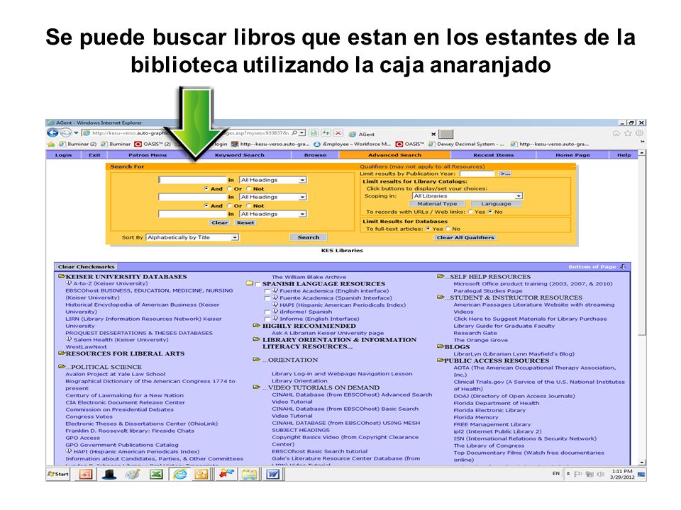 Se puede buscar libros que estan en los estantes de la biblioteca utilizando la caja anaranjado