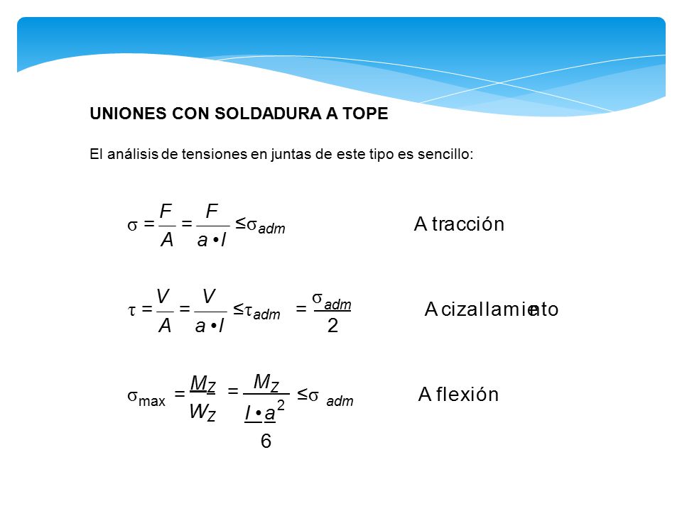 ≤σadm ≤τadm = adm MZ = MZ WZ F F σ = = A tracci ón A a • l V V σ τ = =