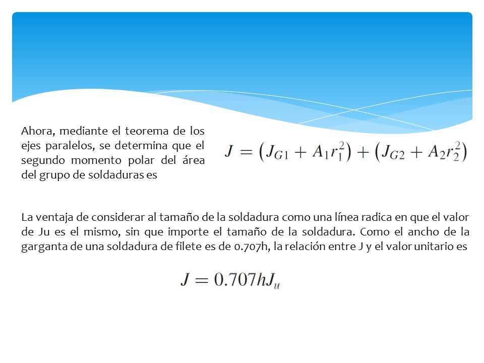 Ahora, mediante el teorema de los ejes paralelos, se determina que el segundo momento polar del área del grupo de soldaduras es