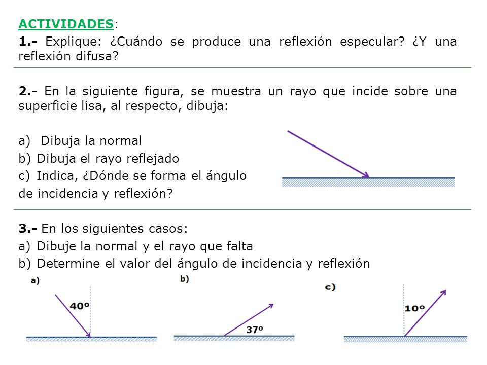 ACTIVIDADES: 1.- Explique: ¿Cuándo se produce una reflexión especular ¿Y una reflexión difusa