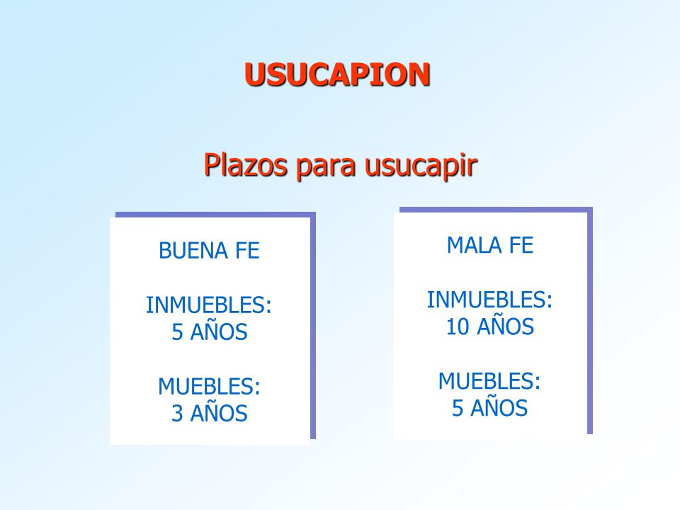 USUCAPION Plazos para usucapir MALA FE BUENA FE INMUEBLES: INMUEBLES: