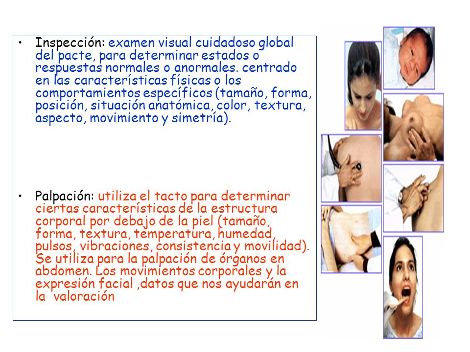 Inspección: examen visual cuidadoso global del pacte, para determinar estados o respuestas normales o anormales. centrado en las características físicas o los comportamientos específicos (tamaño, forma, posición, situación anatómica, color, textura, aspecto, movimiento y simetría).