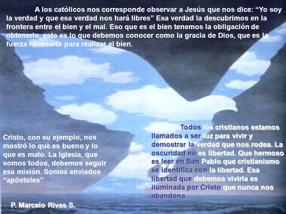 A los católicos nos corresponde observar a Jesús que nos dice: Yo soy la verdad y que esa verdad nos hará libres Esa verdad la descubrimos en la frontera entre el bien y el mal. Eso que es el bien tenemos la obligación de obtenerlo, esto es lo que debemos conocer como la gracia de Dios, que es la fuerza necesaria para realizar el bien.