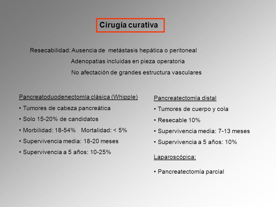 Cirugía curativa Resecabilidad: Ausencia de metástasis hepática o peritoneal. Adenopatias incluidas en pieza operatoria.