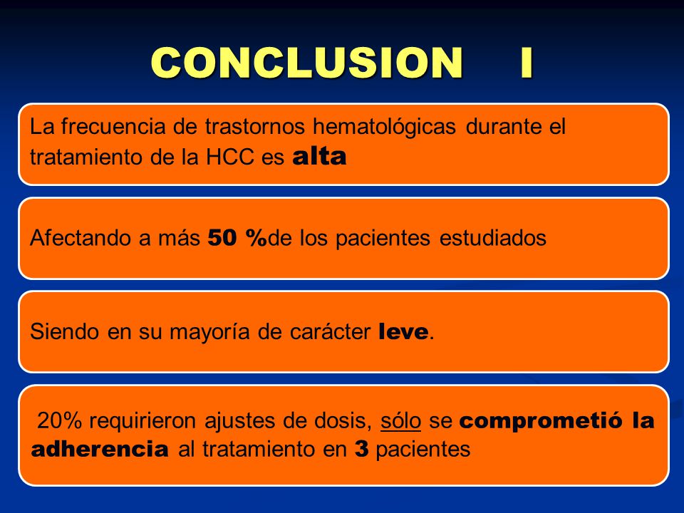CONCLUSION I La frecuencia de trastornos hematológicas durante el tratamiento de la HCC es alta.
