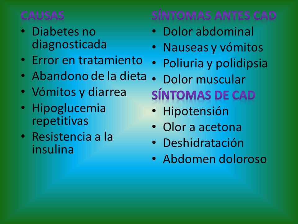 Causas Síntomas antes CAD. Diabetes no diagnosticada. Dolor abdominal. Nauseas y vómitos. Error en tratamiento.