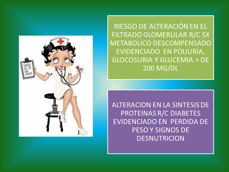 RIESGO DE ALTERACIÓN EN EL FILTRADO GLOMERULAR R/C SX METABOLICO DESCOMPENSADO EVIDENCIADO EN POLIURIA, GLOCOSURIA Y GLUCEMIA > DE 200 MG/DL