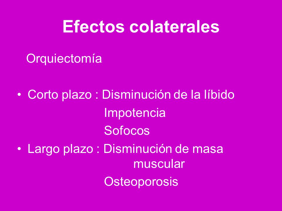 Efectos colaterales Corto plazo : Disminución de la líbido Impotencia