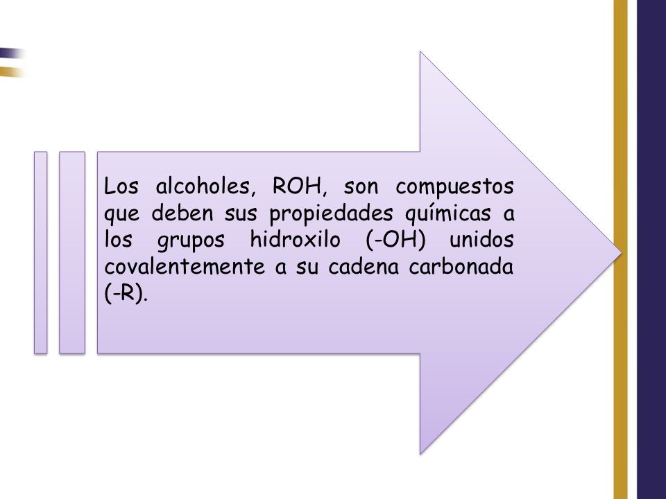 Los alcoholes, ROH, son compuestos que deben sus propiedades químicas a los grupos hidroxilo (-OH) unidos covalentemente a su cadena carbonada (-R).