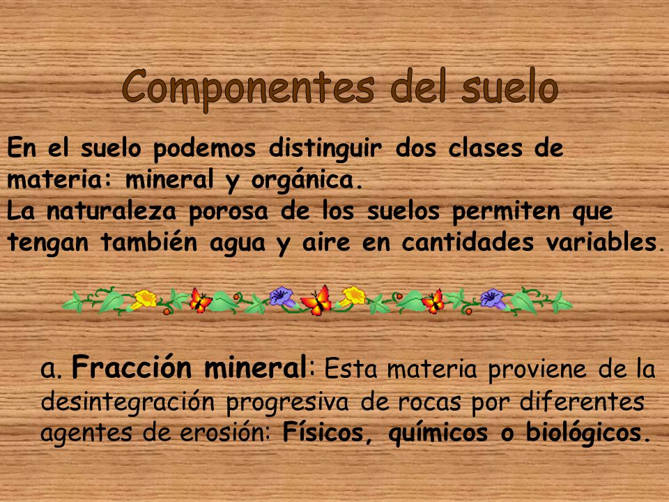 Componentes del suelo a. Fracción mineral: Esta materia proviene de la