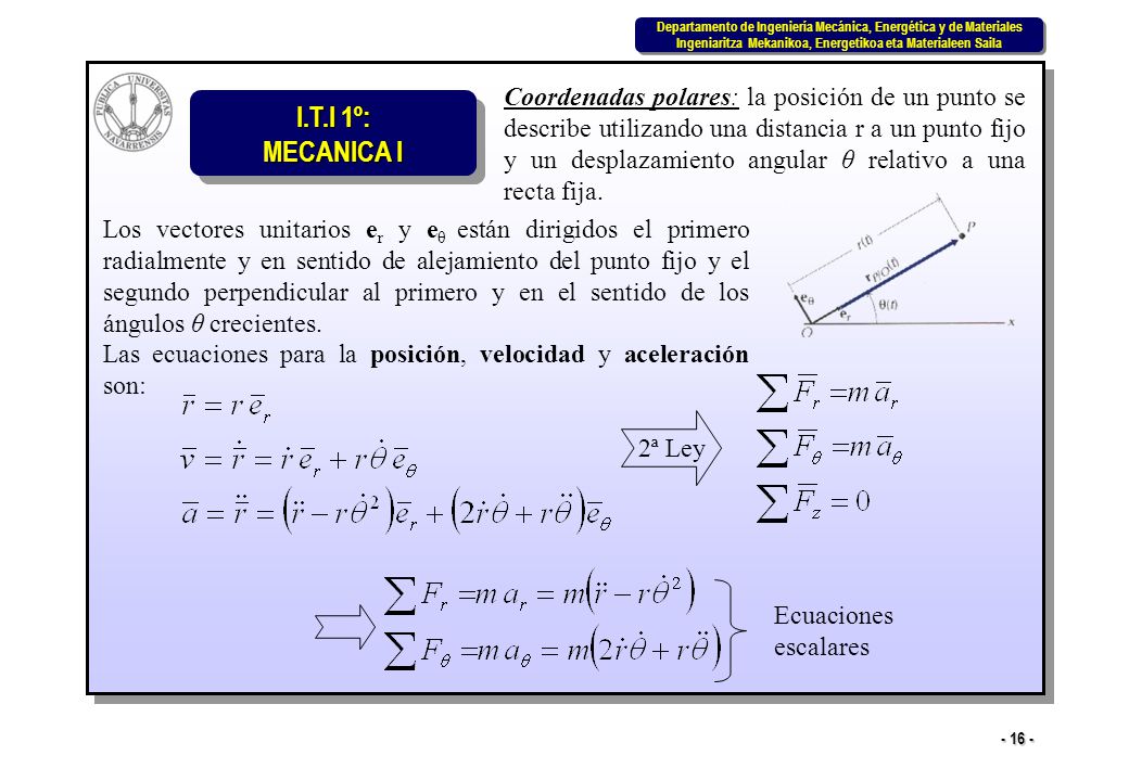 Coordenadas polares: la posición de un punto se describe utilizando una distancia r a un punto fijo y un desplazamiento angular θ relativo a una recta fija.