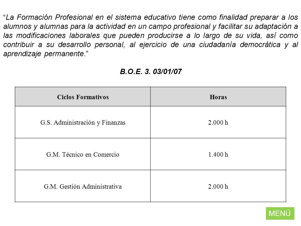 La Formación Profesional en el sistema educativo tiene como finalidad preparar a los alumnos y alumnas para la actividad en un campo profesional y facilitar su adaptación a las modificaciones laborales que pueden producirse a lo largo de su vida, así como contribuir a su desarrollo personal, al ejercicio de una ciudadanía democrática y al aprendizaje permanente.