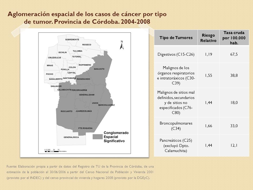 Aglomeración espacial de los casos de cáncer por tipo de tumor
