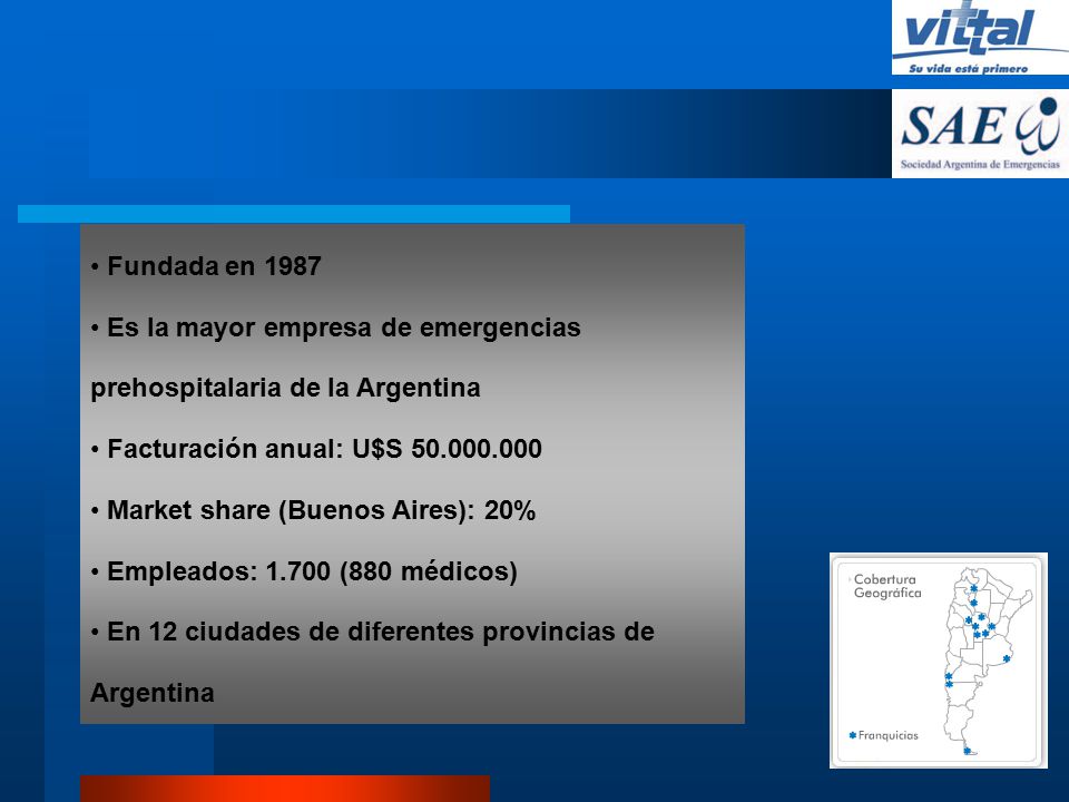 Fundada en 1987 Es la mayor empresa de emergencias prehospitalaria de la Argentina. Facturación anual: U$S