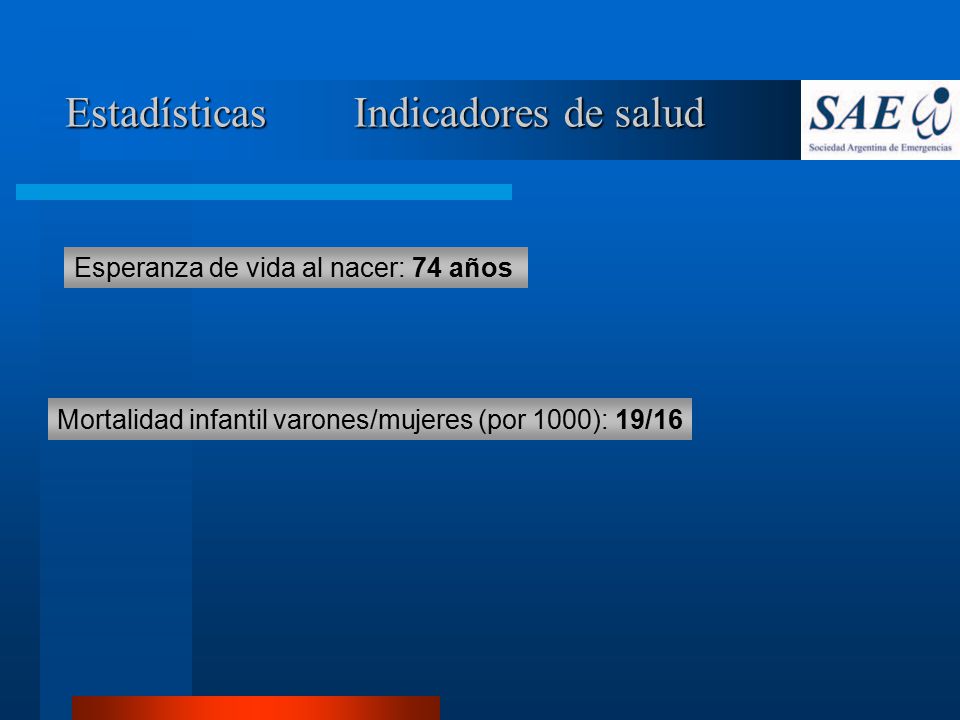 Estadísticas Indicadores de salud Esperanza de vida al nacer: 74 años