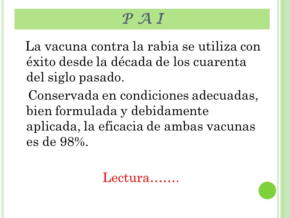 P A I La vacuna contra la rabia se utiliza con éxito desde la década de los cuarenta del siglo pasado.