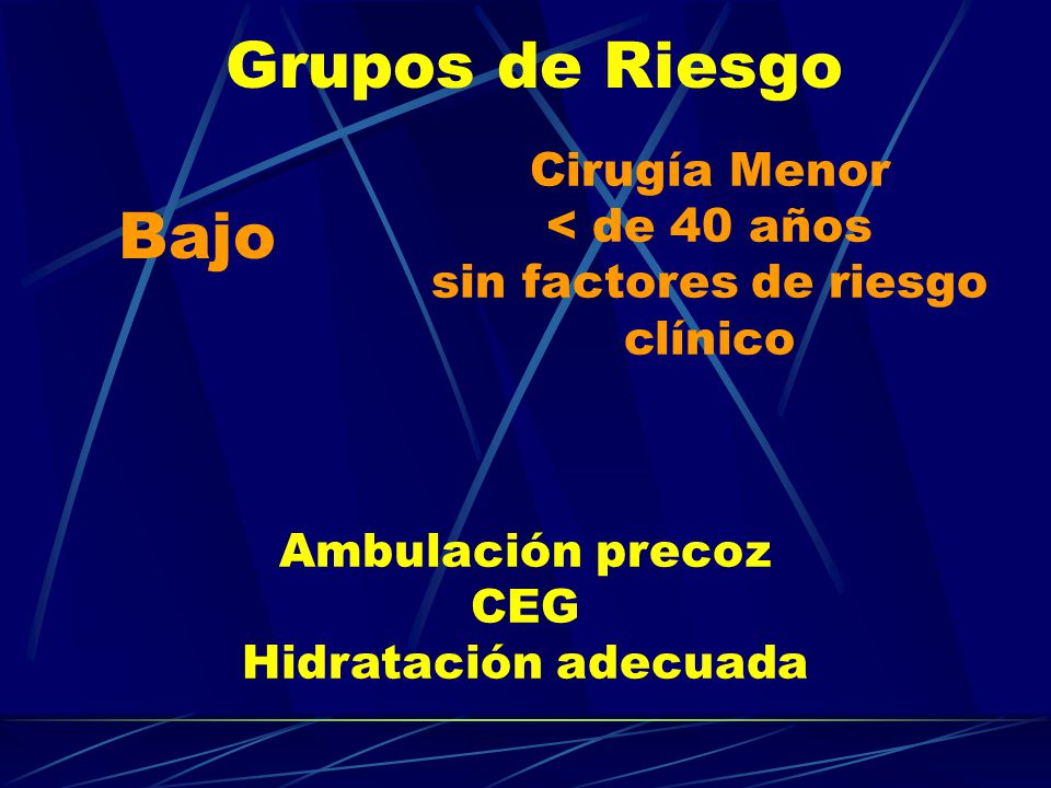 Grupos de Riesgo Bajo. Cirugía Menor < de 40 años sin factores de riesgo clínico.