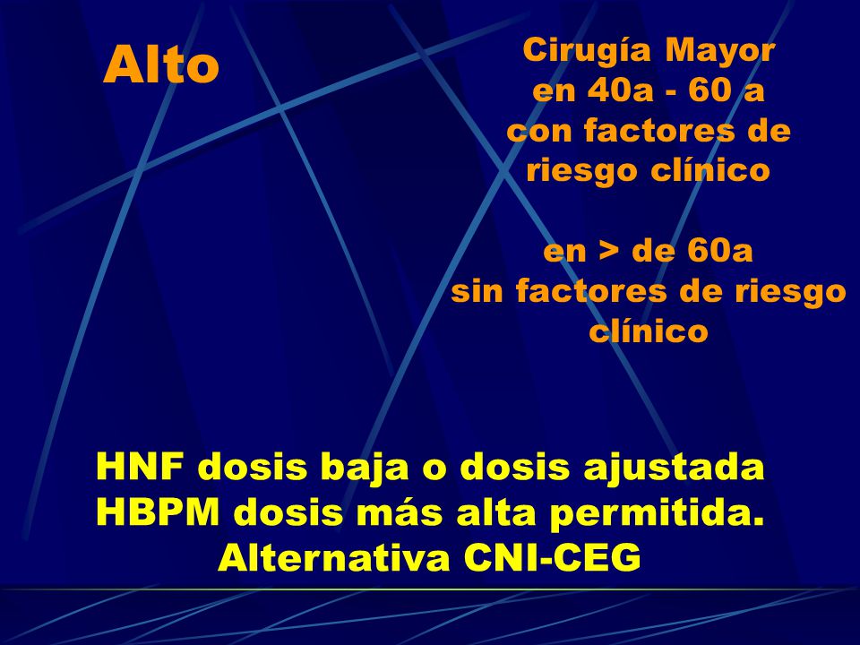 Alto Cirugía Mayor en 40a - 60 a con factores de riesgo clínico en > de 60a sin factores de riesgo clínico.