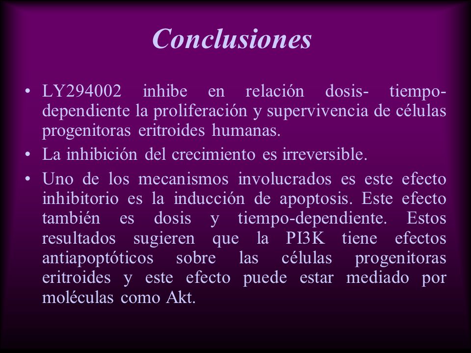 Conclusiones LY inhibe en relación dosis- tiempo-dependiente la proliferación y supervivencia de células progenitoras eritroides humanas.