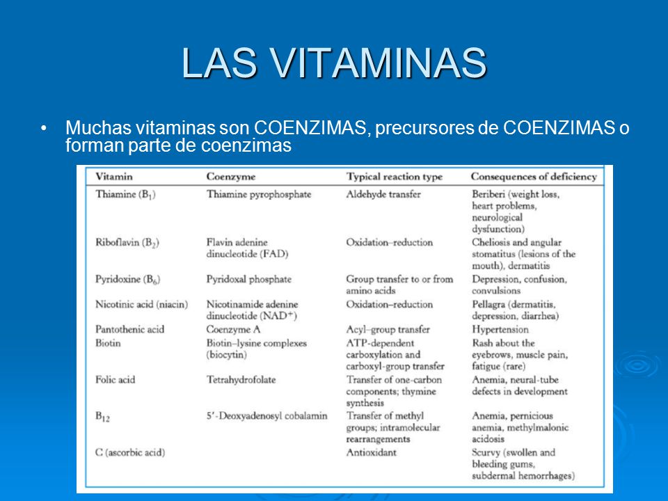 LAS VITAMINAS Muchas vitaminas son COENZIMAS, precursores de COENZIMAS o forman parte de coenzimas