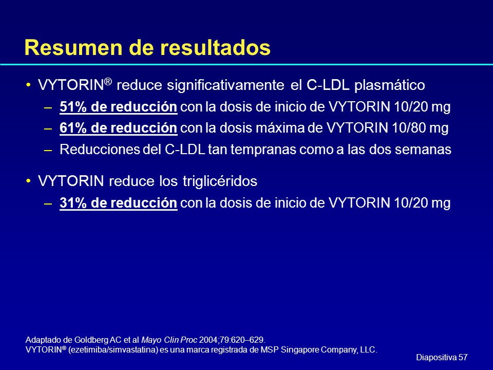 Resumen de resultados VYTORIN® reduce significativamente el C-LDL plasmático. 51% de reducción con la dosis de inicio de VYTORIN 10/20 mg.