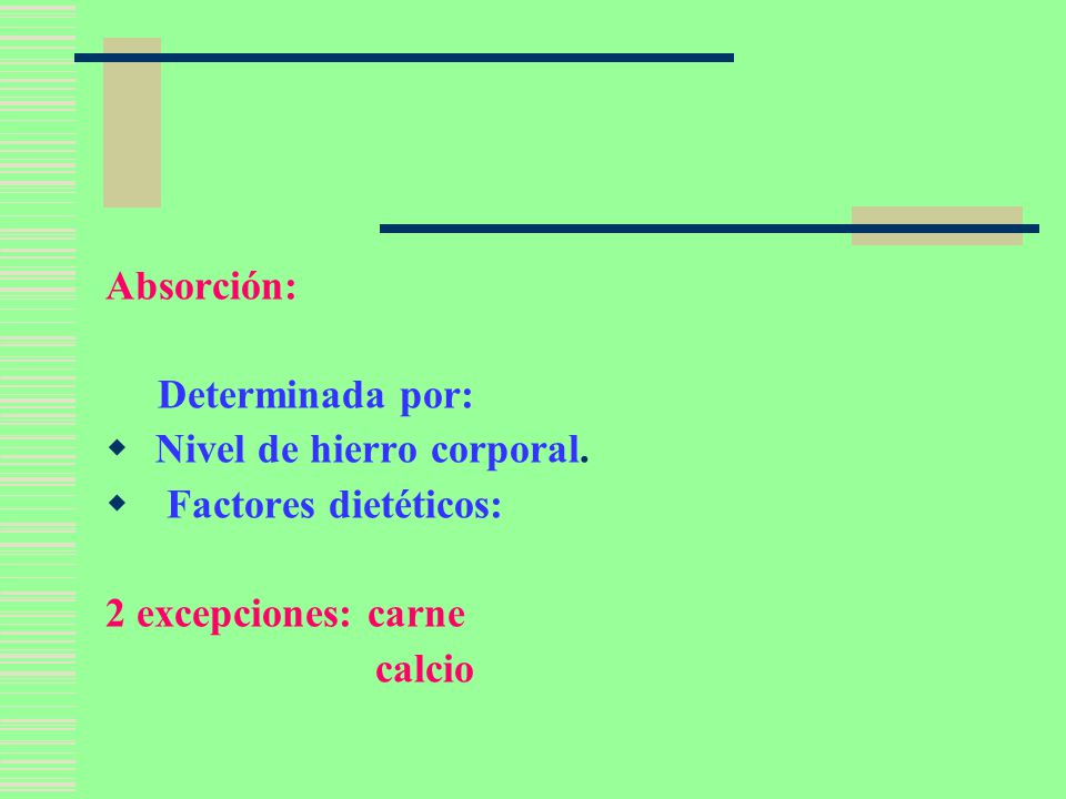 Absorción: Determinada por: Nivel de hierro corporal. Factores dietéticos: 2 excepciones: carne.