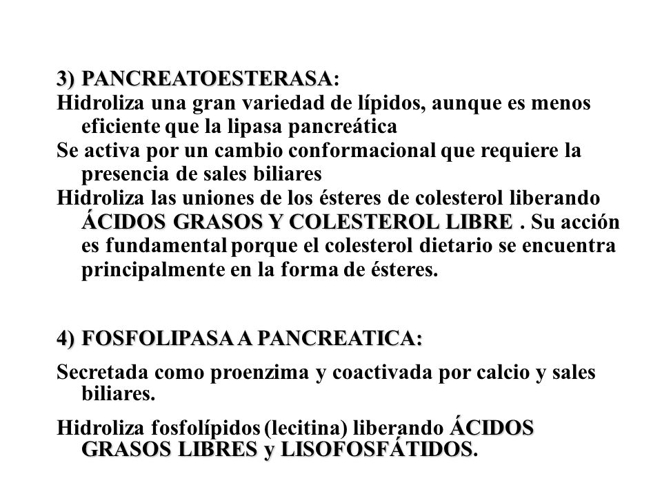 PANCREATOESTERASA: Hidroliza una gran variedad de lípidos, aunque es menos eficiente que la lipasa pancreática.