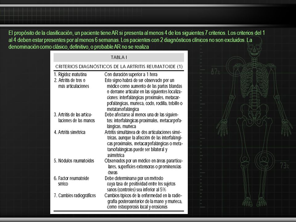 El propósito de la clasificación, un paciente tiene AR si presenta al menos 4 de los siguientes 7 criterios.