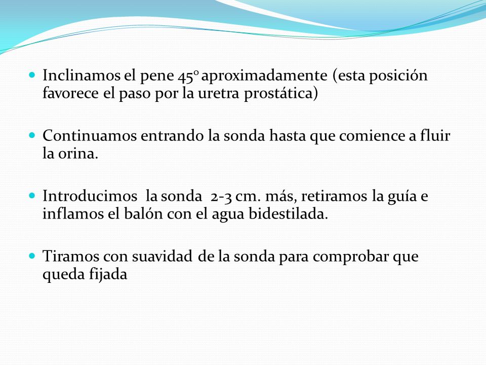 Inclinamos el pene 45o aproximadamente (esta posición favorece el paso por la uretra prostática)