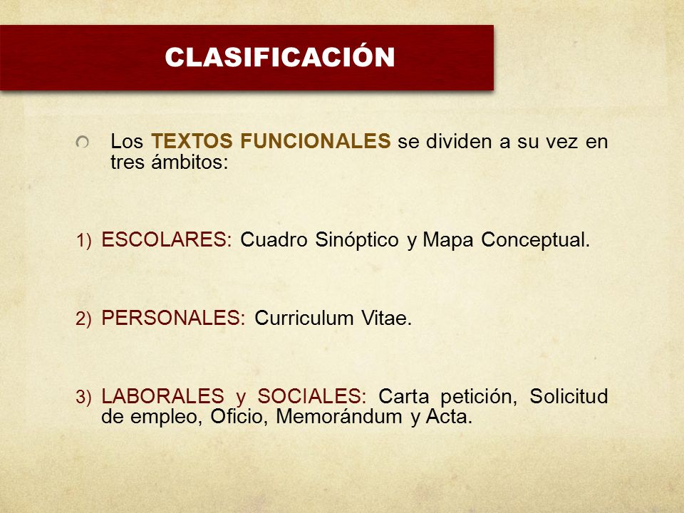 CLASIFICACIÓN Los TEXTOS FUNCIONALES se dividen a su vez en tres ámbitos: ESCOLARES: Cuadro Sinóptico y Mapa Conceptual.