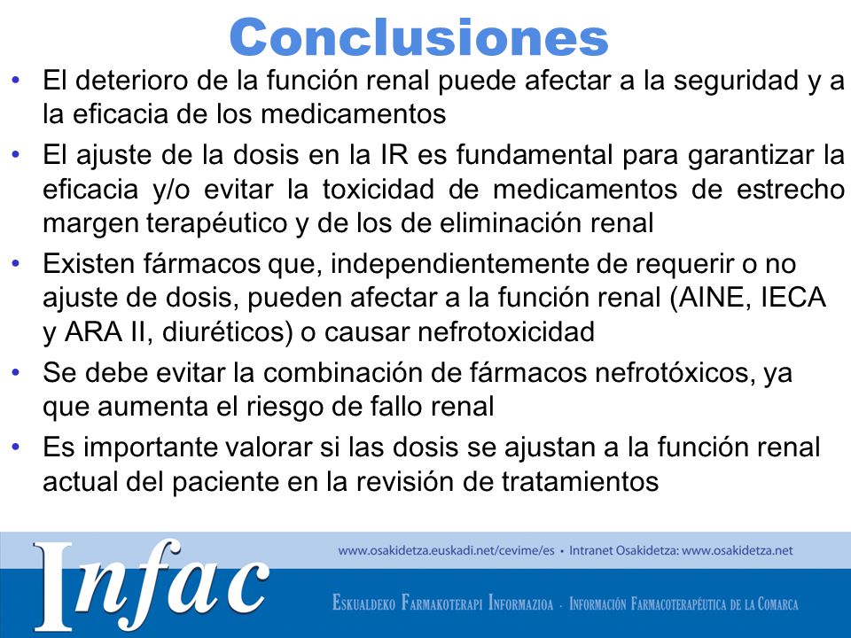 Conclusiones El deterioro de la función renal puede afectar a la seguridad y a la eficacia de los medicamentos.