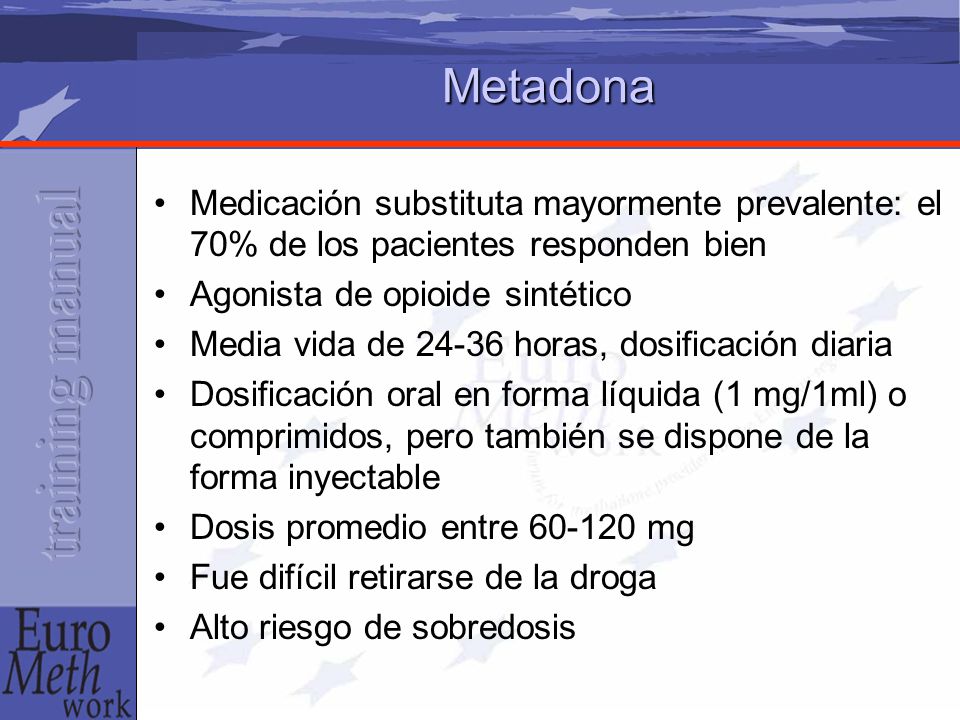 Metadona Medicación substituta mayormente prevalente: el 70% de los pacientes responden bien. Agonista de opioide sintético.