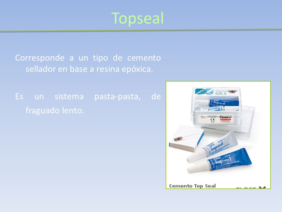 Topseal Corresponde a un tipo de cemento sellador en base a resina epóxica.