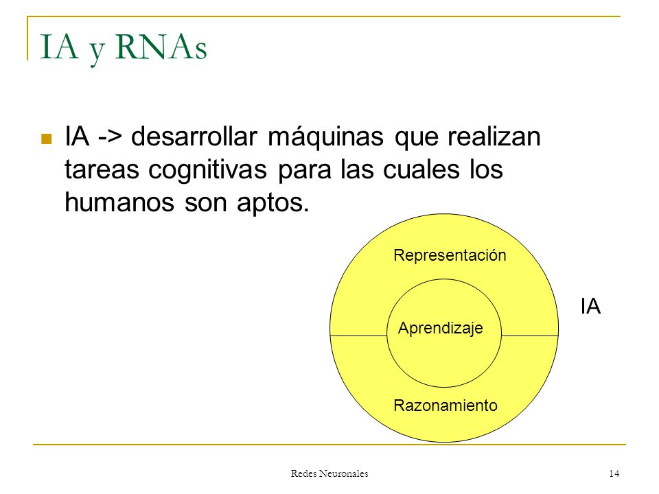 IA y RNAs IA -> desarrollar máquinas que realizan tareas cognitivas para las cuales los humanos son aptos.