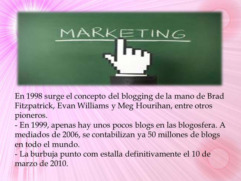 En 1998 surge el concepto del blogging de la mano de Brad Fitzpatrick, Evan Williams y Meg Hourihan, entre otros pioneros.