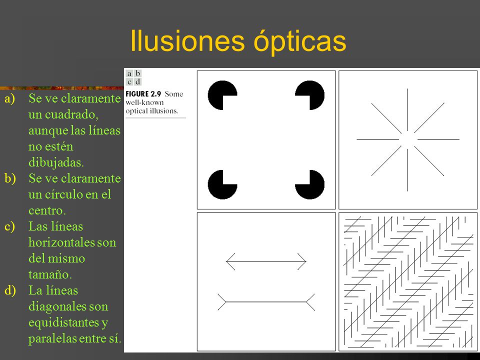 Ilusiones ópticas Se ve claramente un cuadrado, aunque las líneas no estén dibujadas. Se ve claramente un círculo en el centro.