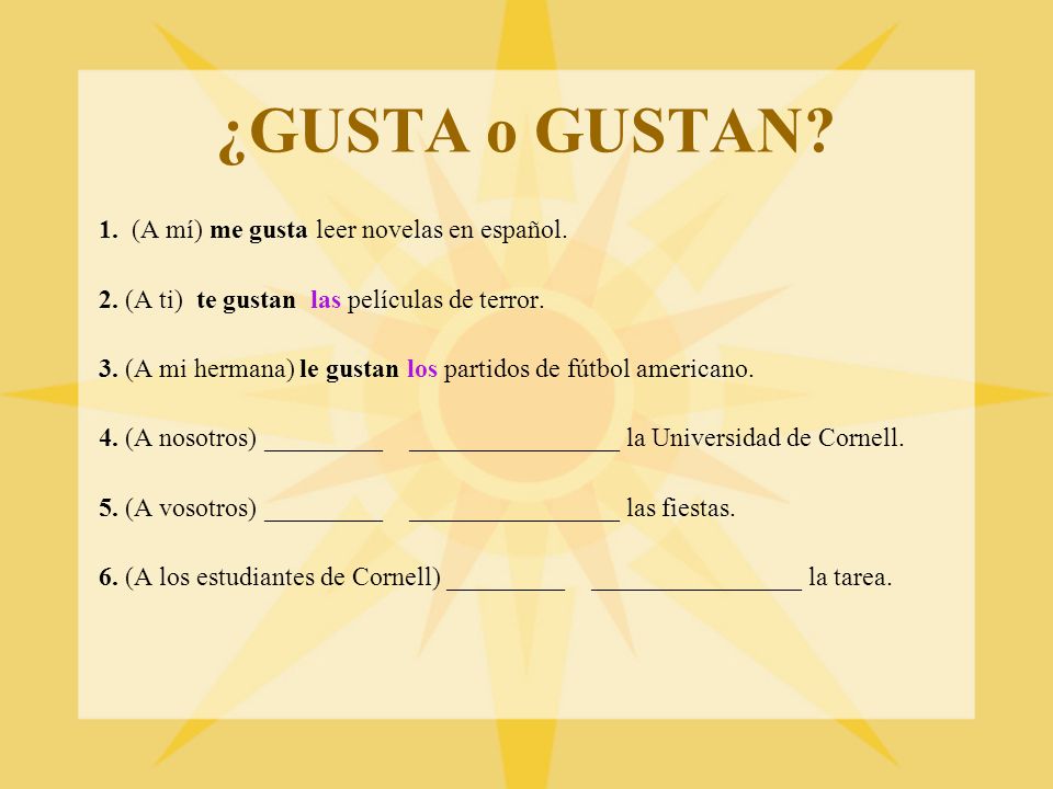 ¿GUSTA o GUSTAN 1. (A mí) me gusta leer novelas en español.