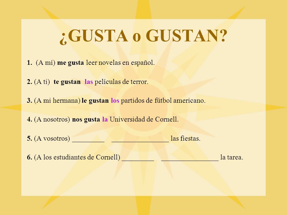 ¿GUSTA o GUSTAN 1. (A mí) me gusta leer novelas en español.