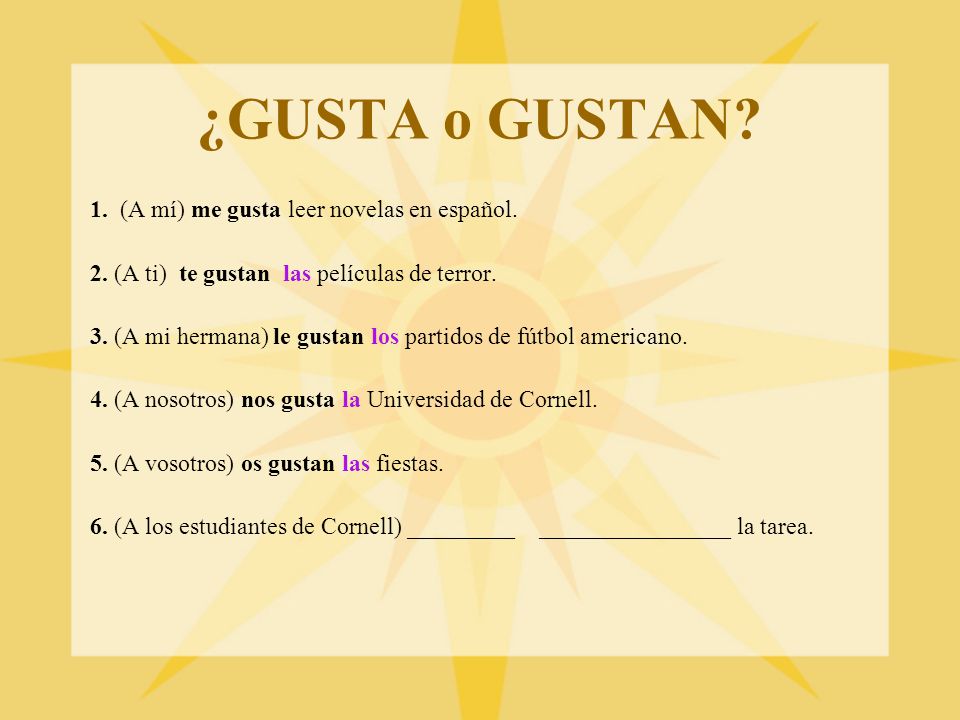 ¿GUSTA o GUSTAN 1. (A mí) me gusta leer novelas en español.