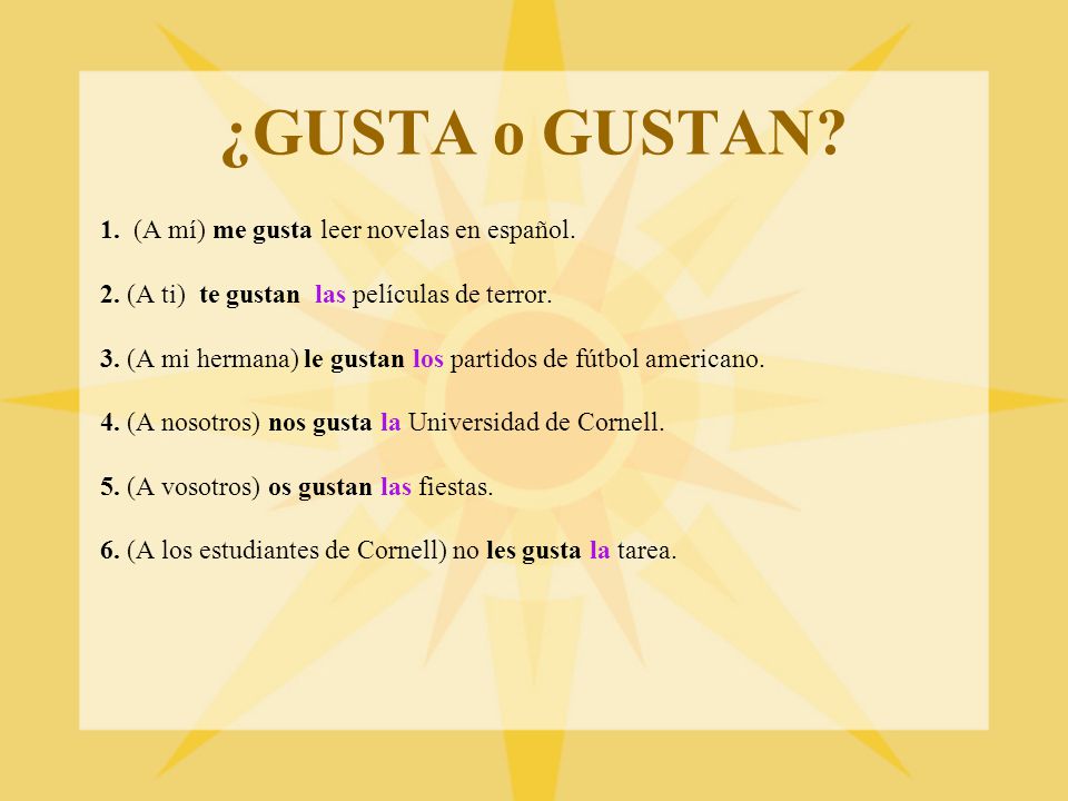 ¿GUSTA o GUSTAN 1. (A mí) me gusta leer novelas en español.