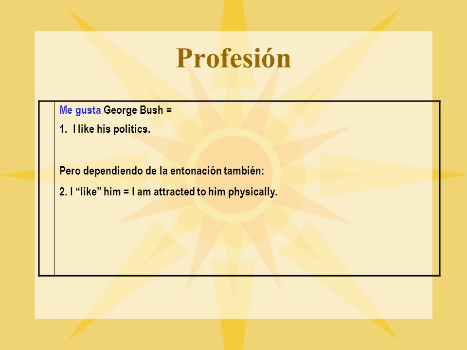 Profesión Me gusta George Bush = 1. I like his politics.